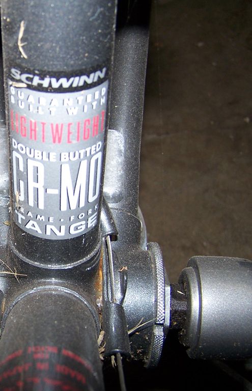 Close-up of a Schwinn CR-MO frame with 'Lightweight Double Butted' text
