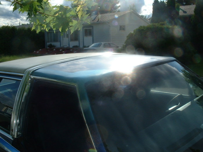 Car roof and windshield with sun glare, showing chrome trim and a house in the background