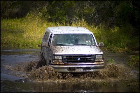 1996 Ford F-150 - A white 1996 Ford F-150 navigates through a muddy, watery terrain, kicking up spray.