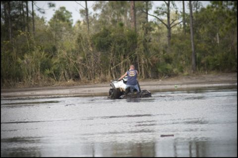 1996 Ford F-150 - A person rides an ATV through a flooded area with trees lining the background.