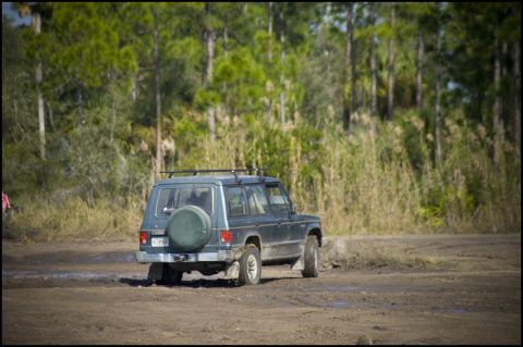 1996 Ford F-150 - Mitsubishi Pajero seen from the rear on a dirt track with trees in the background.