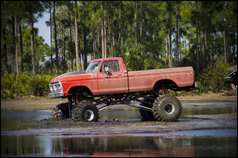 1996 Ford F-150 - A lifted red pickup truck is shown in a muddy, watery area with trees in the background.