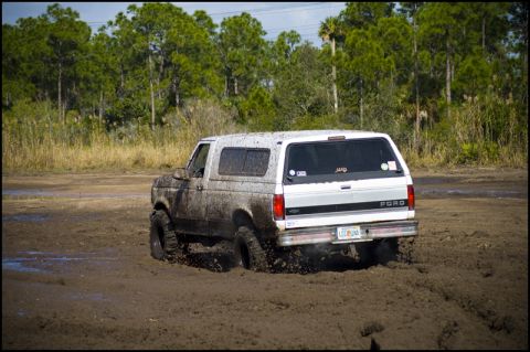 1996 Ford F-150 - Muddy 1996 Ford Bronco navigating a muddy terrain, rear view captured.