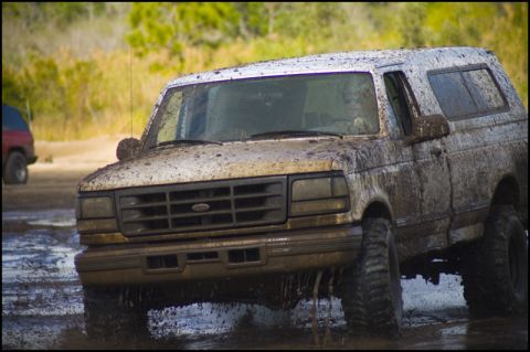 1996 Ford F-150 - A white 1996 Ford F-150 Bronco is covered in mud while driving through a muddy area, with another vehicle visible in the background.