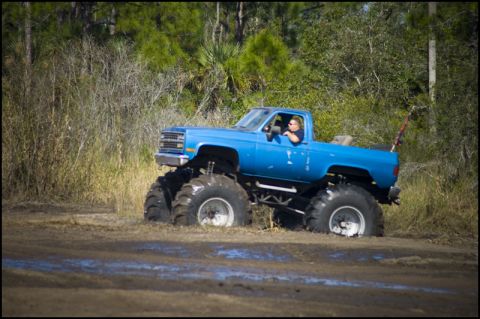1996 Ford F-150 - A blue monster truck navigates a muddy terrain, its massive tires partially submerged in the mire.