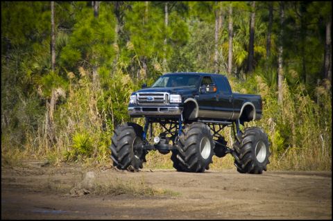 1996 Ford F-150 - Monster truck with lifted suspension and oversized tires sits off-road.