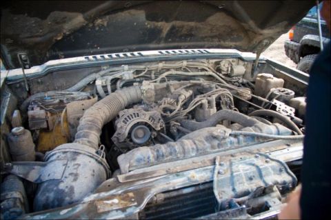 1996 Ford F-150 - The engine bay of a 1996 Ford F-150 is shown with the hood open, revealing a dirty engine and surrounding components.