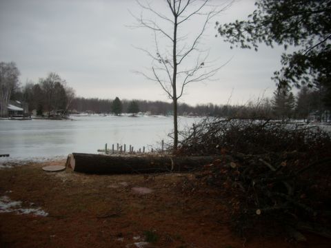 2000 Chevrolet Tahoe - A winter scene shows a frozen lake with cut logs and debris on the shore.