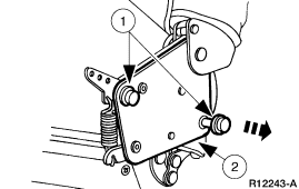 2007 Ford Mustang - Service procedure illustration showing a bracket-mounted component with numbered callouts and a removal direction arrow.