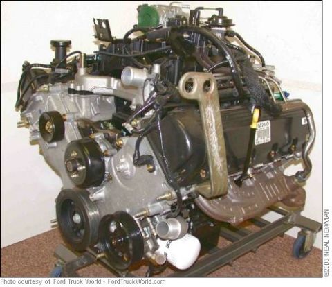 2007 Ford Mustang - Ford V8 engine assembly shown on a rolling stand, photographed in 2003.