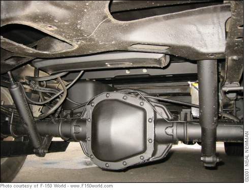 Underside of a truck showing the rear axle, leaf springs, and shocks