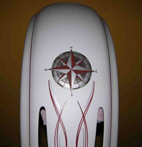 2006 Yamaha V Star Classic - Motorcycle fender painted white with custom pinstripes and a compass graphic.
