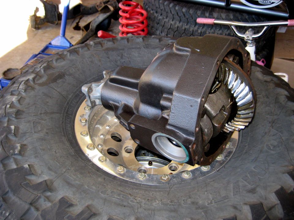 Differential housing and gears on a large off-road tire.