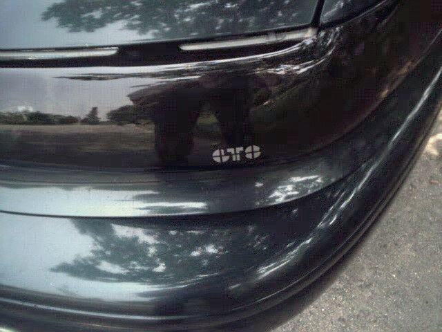Close-up of a black car's rear quarter panel with a small white GTO emblem
