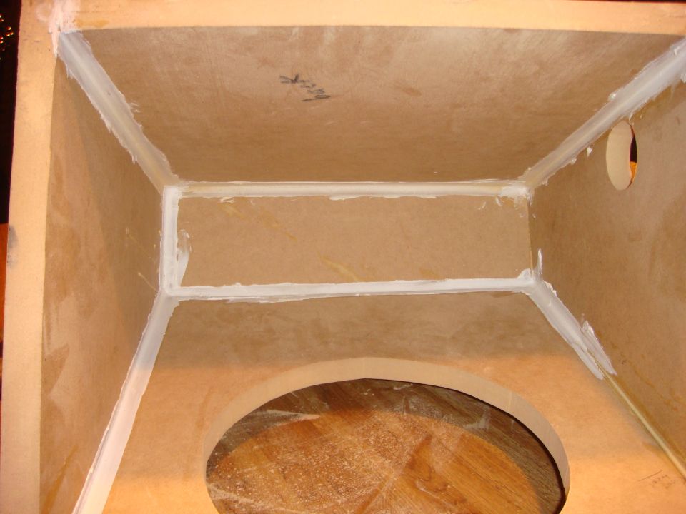 Interior of an MDF speaker enclosure with sealed seams