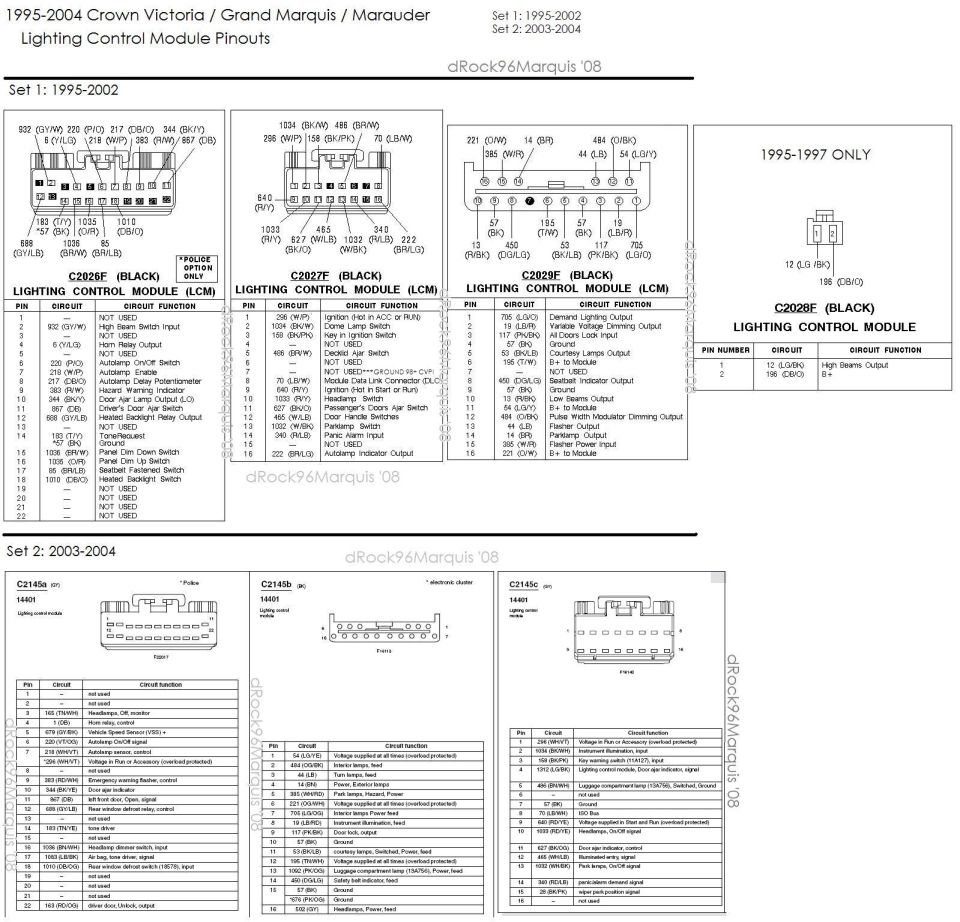 1995-2004 CV/GMQ/MM
LCM pinouts 

Most applicable to Town Cars