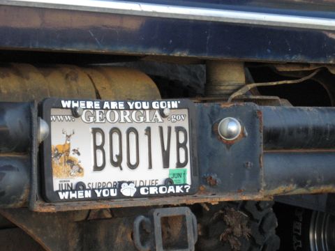 1978 Ford Bronco - License plate frame reads 'Where are you goin'?' and 'Support Wildlife When You Croak?'