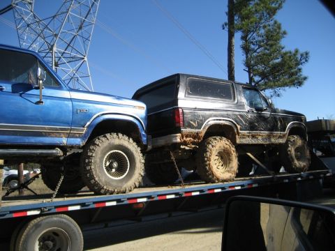 1995 Ford Bronco - Mud-covered 1995 Ford Bronco transported on a flatbed trailer alongside a blue Ford truck.