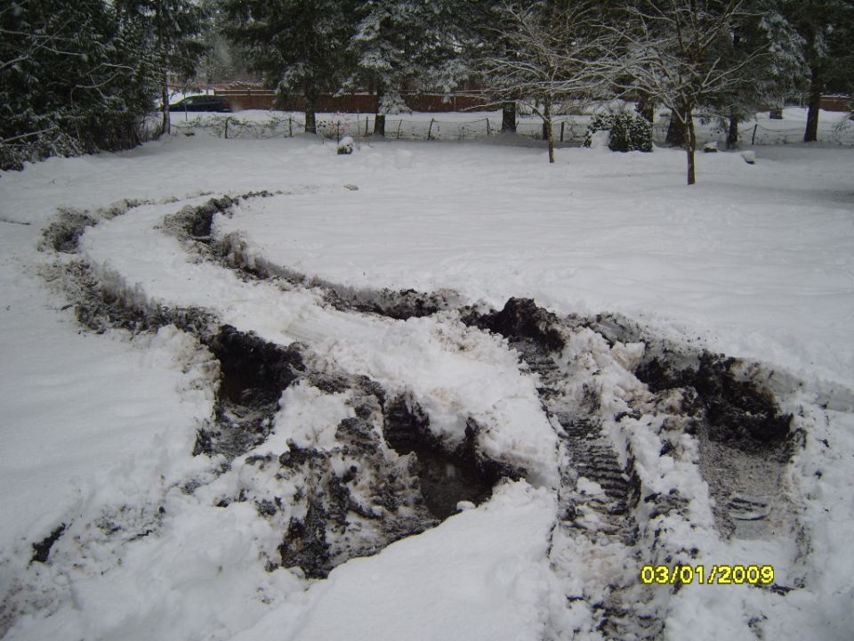 Tire tracks churned up in snow, with trees and a fence in the background. Date stamp reads 03/01/2009