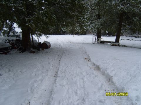 1989 Ford Bronco - A car is partially visible on the left side of a snow-covered driveway, with tire tracks leading into the distance.