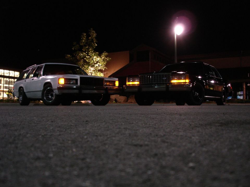 White station wagon and black sedan parked nose to nose at night, low angle