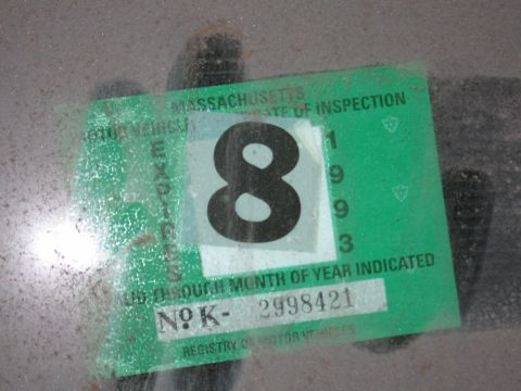 1991 Ford LTD Crown Victoria - Massachusetts Registry of Motor Vehicles 1993 inspection sticker, number K-2998421, affixed to a windshield.