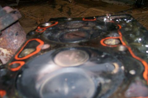 1992 Ford C-350 (Centurion Conversions) - Close-up of an engine cylinder head, showing gasket material around the cylinders.