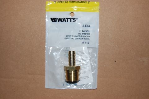 1989 Ford Bronco - A package containing a brass barb to MIP adapter, model A-300A, made by Watts. The adapter has a 3/8 inch barb and a 1/2 inch MIP thread.