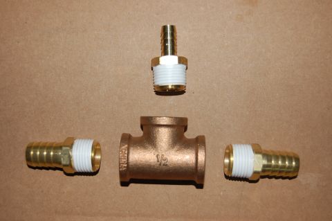 1989 Ford Bronco - A bronze T-fitting with a "1/2" marking is shown with three brass barbed hose fittings. Two fittings are attached to the sides of the T-fit…