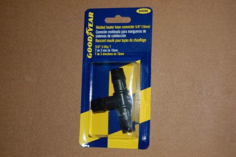 1989 Ford Bronco - A package containing a black plastic 5/8" (16mm) 3-way T-shaped heater hose connector, branded with the Goodyear logo and part number 64090.