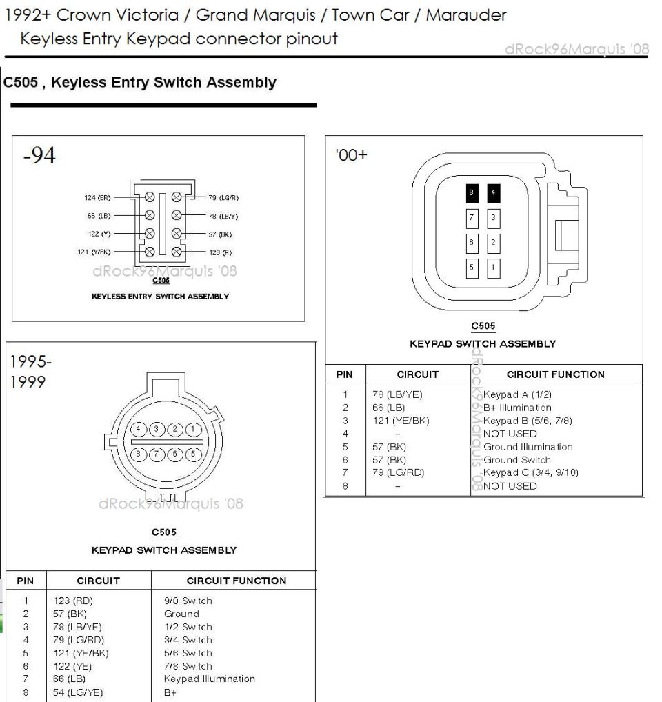 Crown Victoria keyless entry keypad C505 connector pinout reference diagrams