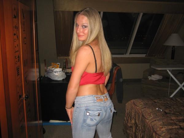 Woman in red top and jeans