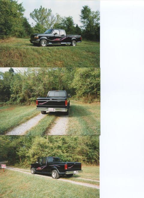 2007 Ford Mustang - A black pickup truck with flame decals is shown from multiple angles on a gravel road.