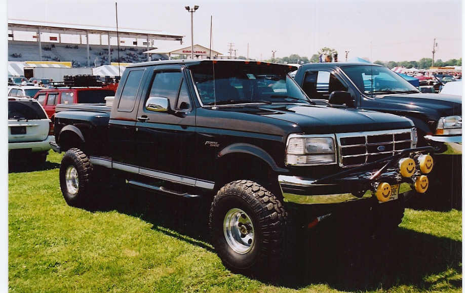 Black 1994 Ford F-150 pickup truck with aftermarket lights on the bumper, parked on grass