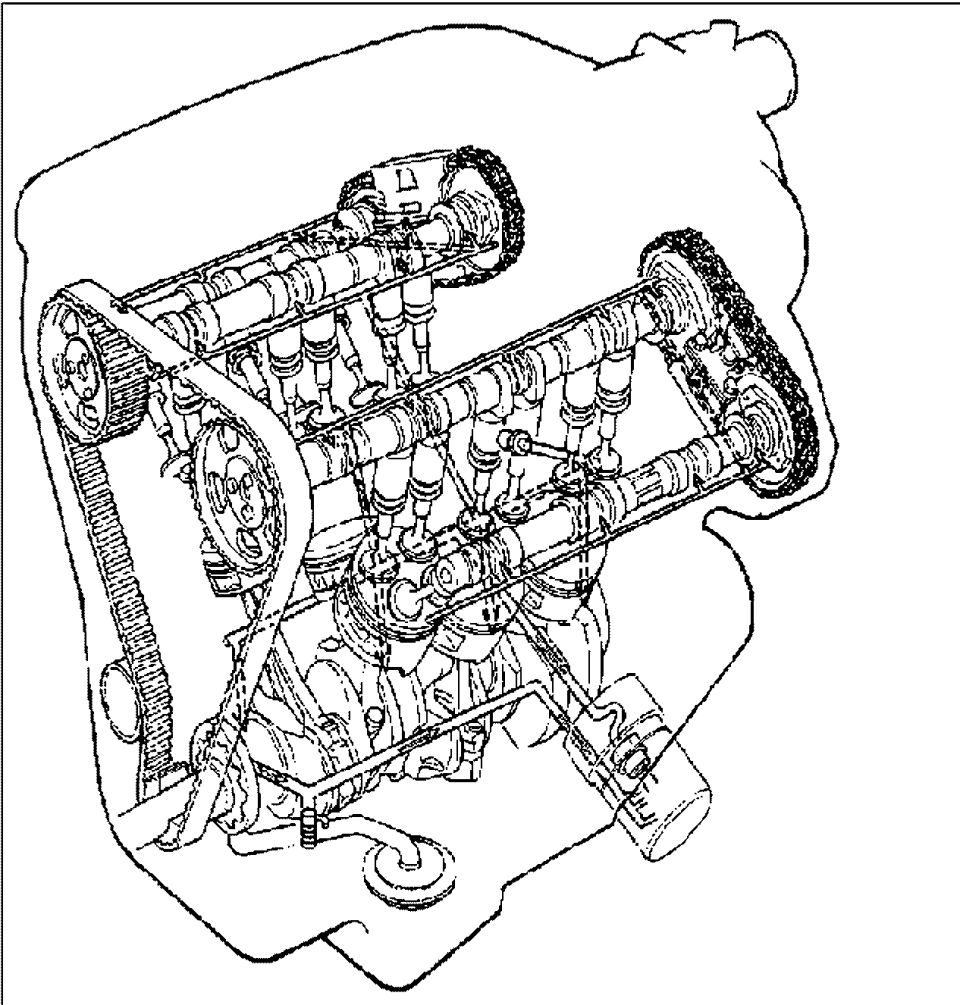 Cutaway line drawing of quad-cam V6 engine showing camshafts, timing belt, oil pump and filter
