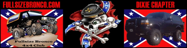 Fullsizebronco.com Dixie Chapter club banner with lifted Broncos and skull emblem