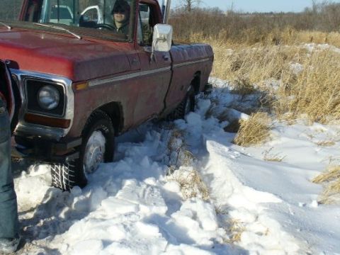 1978 Ford F-150 - A 1978 Ford F-150 is stuck in a snowy field with dry grass poking through the snow.
