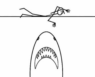 1978 Ford Bronco - A stick figure narrowly avoids a shark's open jaws, with a Supermotors.net logo visible.