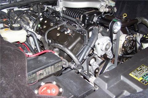 1996 Ford Thunderbird - Close-up view of a supercharged V8 engine, highlighting its complex mechanical components and wiring.