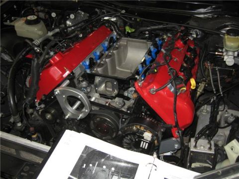 1996 Ford Thunderbird - Close-up view of a modified engine bay bright red intake manifolds and complex wiring systems.