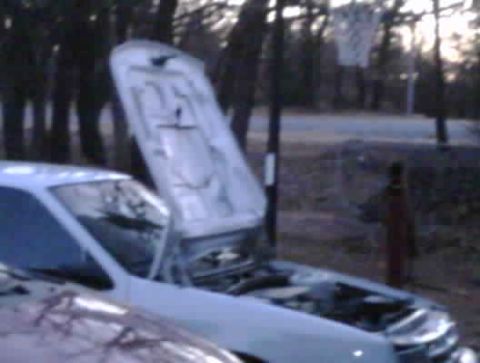 1990 Dodge Shadow - A white car with its hood open is parked outdoors next to another vehicle.