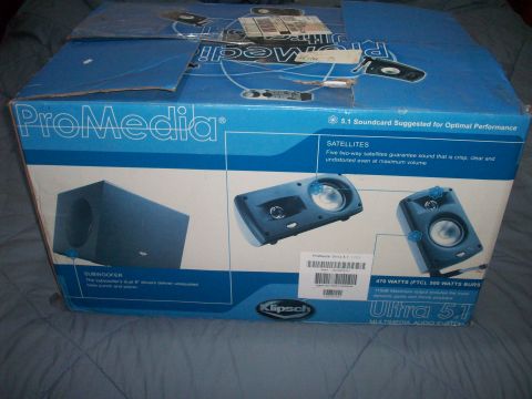 2006 Ford F-150 - Box for the Klipsch ProMedia Ultra 5.1 multimedia audio system, showing images of the subwoofer and satellite speakers.