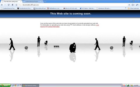 1995 Ford Bronco - A 'This Web site is coming soon' page displays silhouettes of people, office chairs, and @ symbols on a reflective surface.