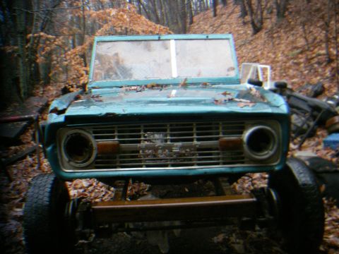 1978 Ford Bronco - Front view of a teal 1978 Ford Bronco in a wooded area, showing its grille and broken windshield.