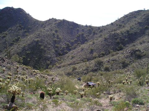 1986 Toyota Hilux - Off-road vehicles navigate a desert trail surrounded by cacti and rocky hills.