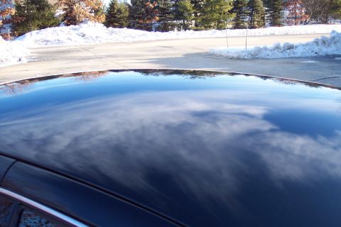 2001 Ford Crown Victoria - The glossy black roof of a car reflects the winter sky and surrounding trees, with snow visible on the ground.