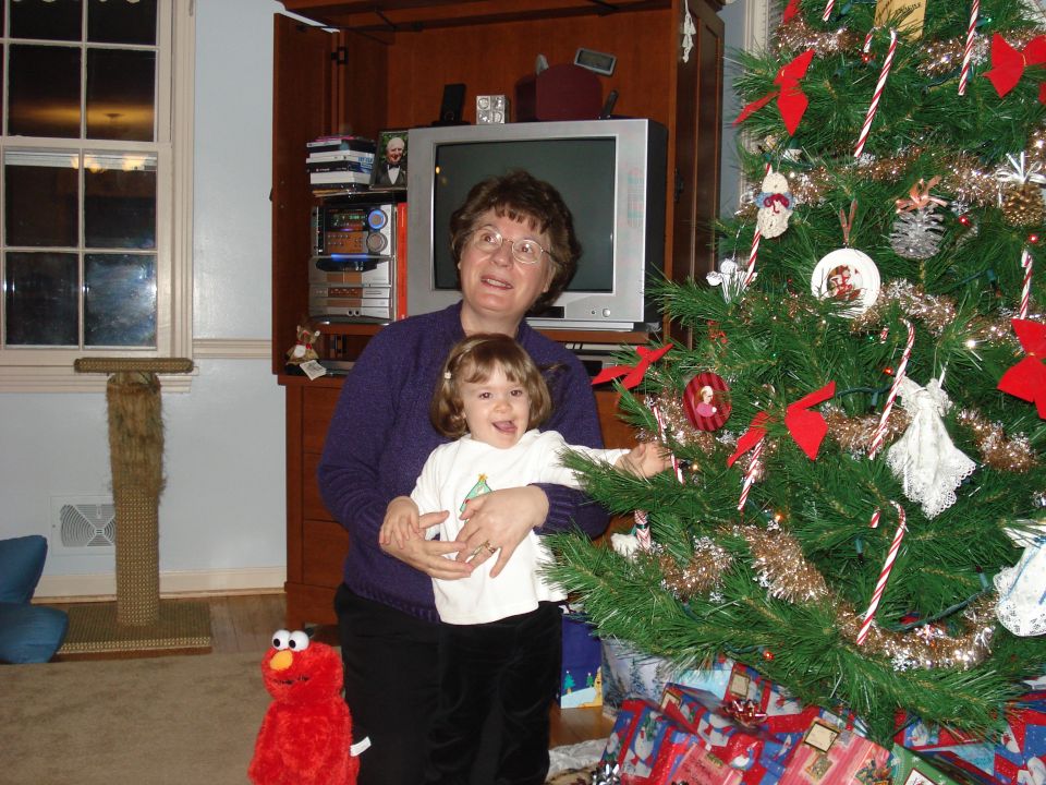 Woman and child posing in front of a Christmas tree.