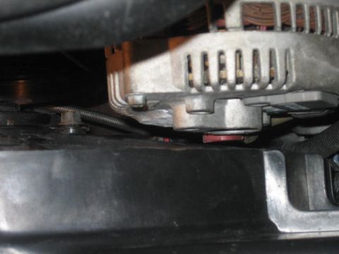 1996 Ford Thunderbird - A close-up view shows the alternator and wiring harness mounted above a dark-colored, textured surface, possibly a radiator or fan shroud.