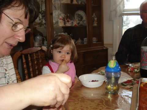2000 Ford Crown Victoria - A young child with a pink bib is sitting at a table and eating grapes from a bowl. A woman's hand and arm are visible in the foreground.