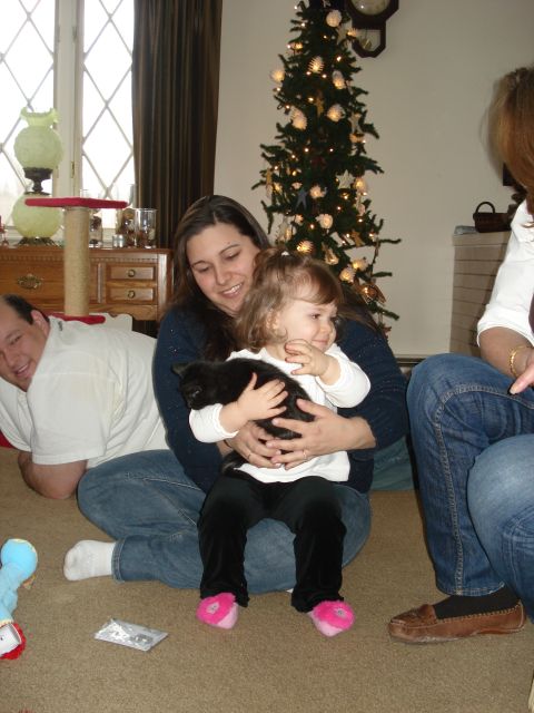 2000 Ford Crown Victoria - A woman holds a black kitten while sitting on the floor next to a young child. A Christmas tree is visible in the background.